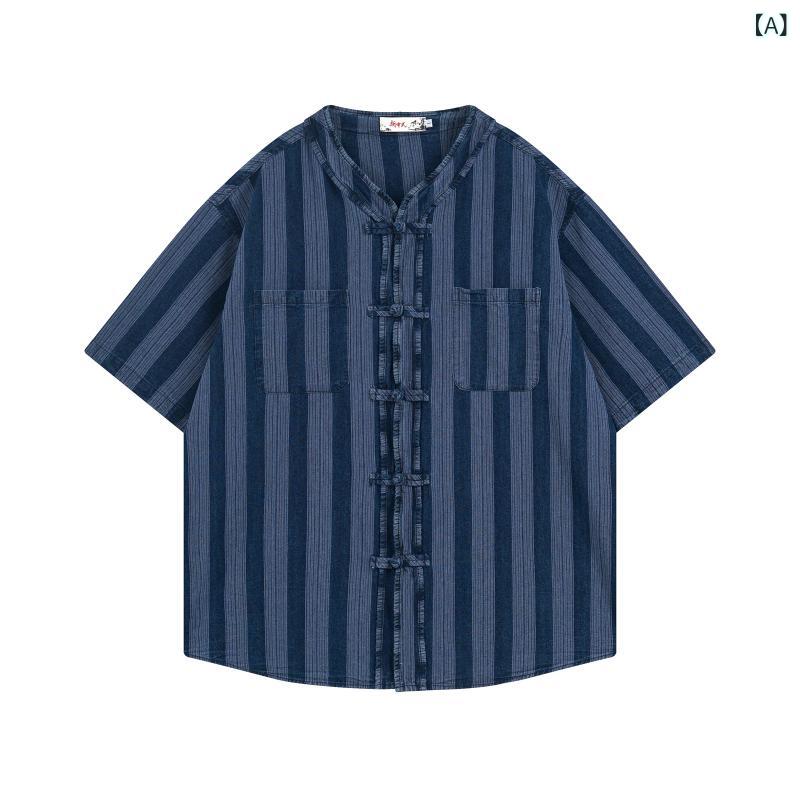 シャツ メンズ 新中華風 チャイナ風 ウォッシュ加工 デニム 羽織りシャツ 綿 コットン チャイナボタン 半袖 ゆったり リラックスフィット カジュアル 個性派 デザイン 普段使い 春夏 ブルー