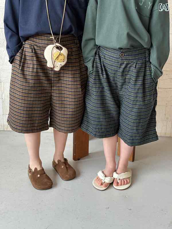 キッズパンツ 男の子 女の子 春秋 チェック柄 ハーフパンツ ショートパンツ きれいめ カジュアル レトロ ハイウエスト ゴムウエスト ニット ポリエステル 子供 ボトムス カーキ グリーン