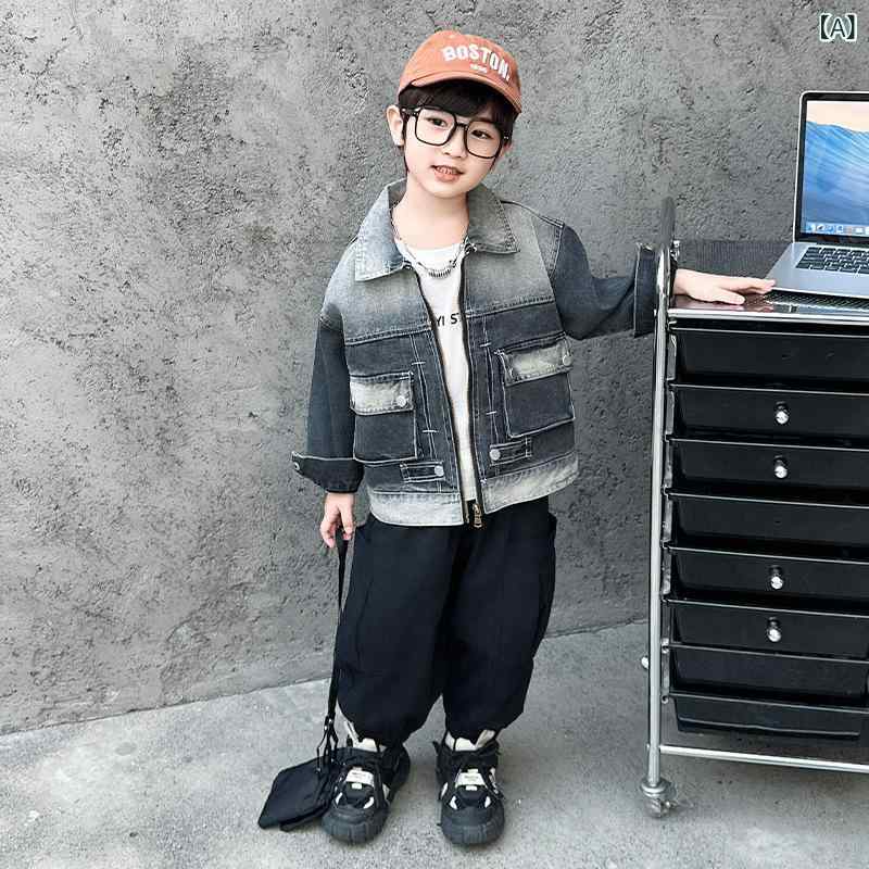 アウター キッズ 男の子 デニムジャケット Gジャン 春秋 ストリート系 クール カジュアル 長袖 襟付き ショート丈 綿混 シングルボタン グレー 通学 普段使い お出かけ