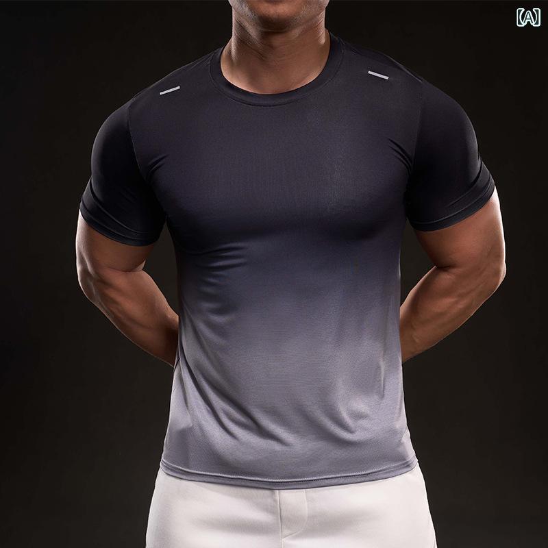 Tシャツ メンズ 春夏 接触冷感 半袖 薄手 速乾 通気性 高弾力 ストレッチ スポーツ トレーニング フィットネス ランニング ジム 欧米風 マッスルスタイル ポリエステル素材 ラウンドネック 無地