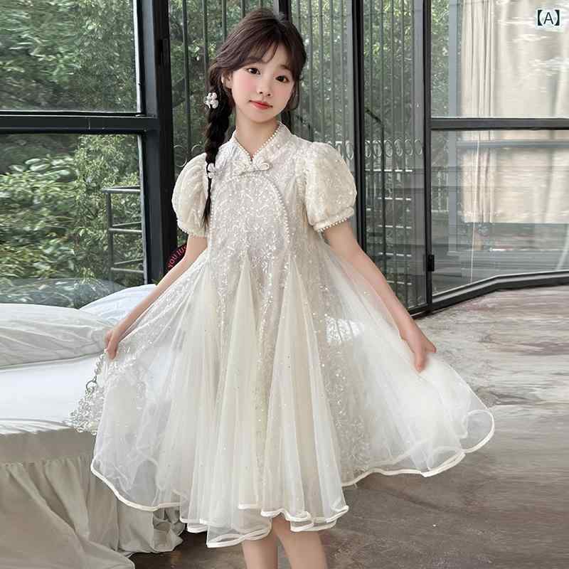 ワンピース 女の子 女児 キッズ 子供 春夏 新中華風 チャイナドレス チュールスカート プリンセス風 半袖 Aライン ポリエステル ソフト 柔らかい 無地 白 ホワイト