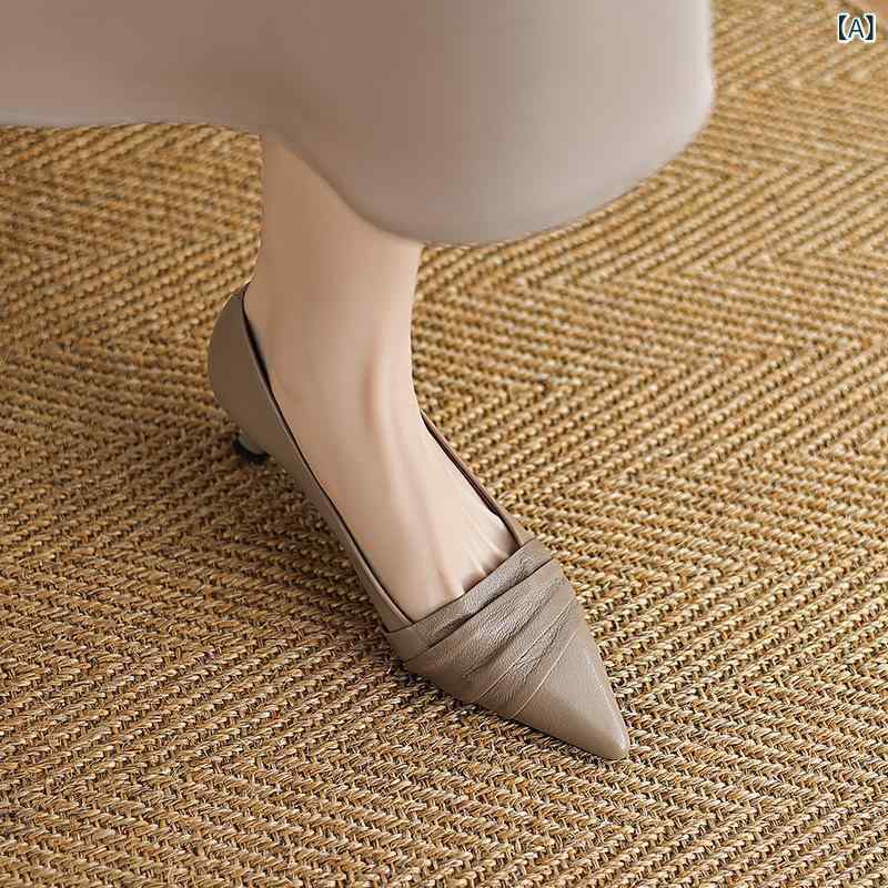 パンプス レディース 羊革 ラムレザー 豚革 浅口 ポインテッドトゥ 5cm ミドルヒール 太ヒール シンプル 通勤 ビジネス オフィス 普段使い 韓国ファッション 通年 オールシーズン カーキ ブラック