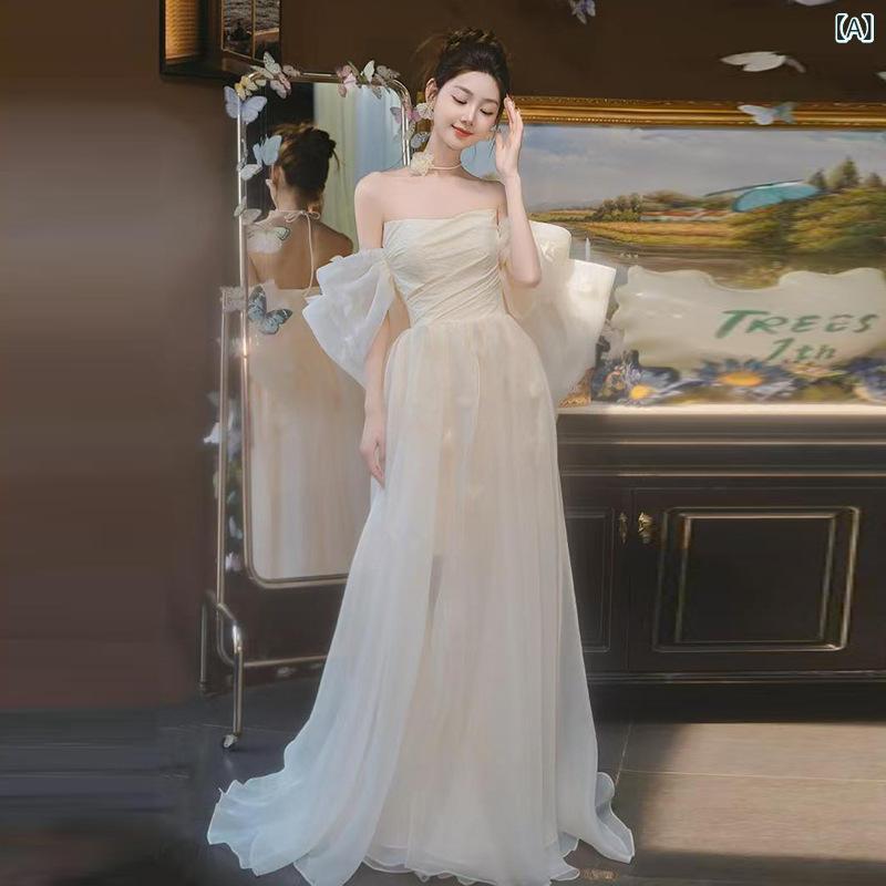 ウェディングドレス レディース オフショルダー ベアトップ 花嫁 ブライダル カジュアルウェディング 結婚式 披露宴 二次会 前撮り 後撮り お色直し 迎賓 宴会 パーティードレス 高級感 ライトラグジュアリー 個性的な 上品 エレガント スリムフィット