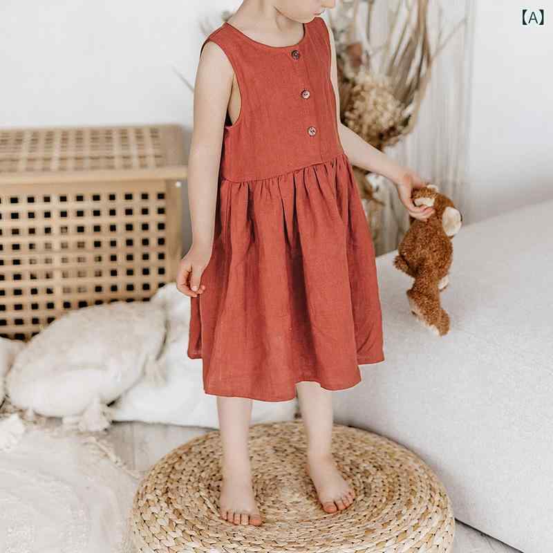 ワンピース 女の子 キッズ コットンリネン ノースリーブ デザイン Aライン フレア 夏服 ナチュラル 森ガール風 無地 ゆったり カジュアル 普段着 お出かけ テラコッタ 柔らか素材 切り替え クルーネック