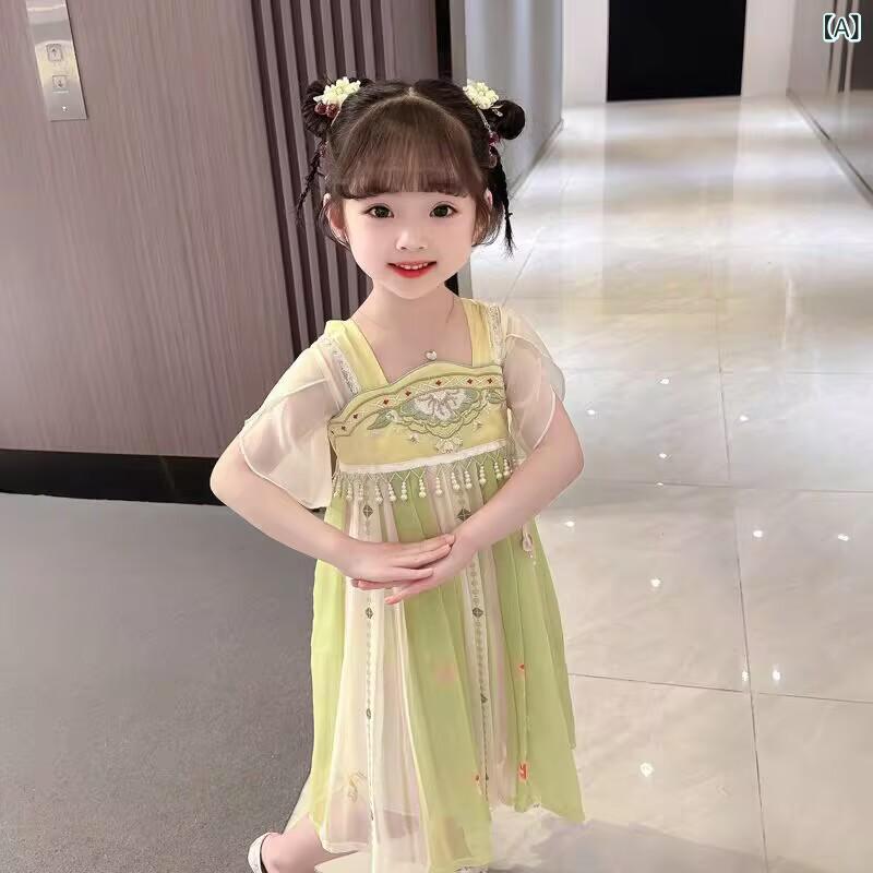 漢服 女の子 女児 ベビー 半袖 中国風 モダンチャイナ ストライプ柄 シフォン ポリエステル 綿裏地 薄手 柔らか素材 高級感 かわいい 夏 ワンピース グリーン ピンク