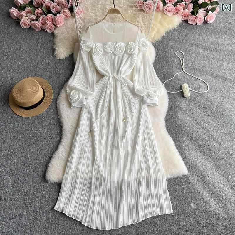 ワンピース レディース 春夏 Aライン フレア ロング丈 立体フラワー ローズ切り替え シースルーメッシュ プリーツ ギャザー ランタンスリーブ ラウンドネック ハイウエスト 無地 エレガント ポリエステル|ラ・グラーヌ