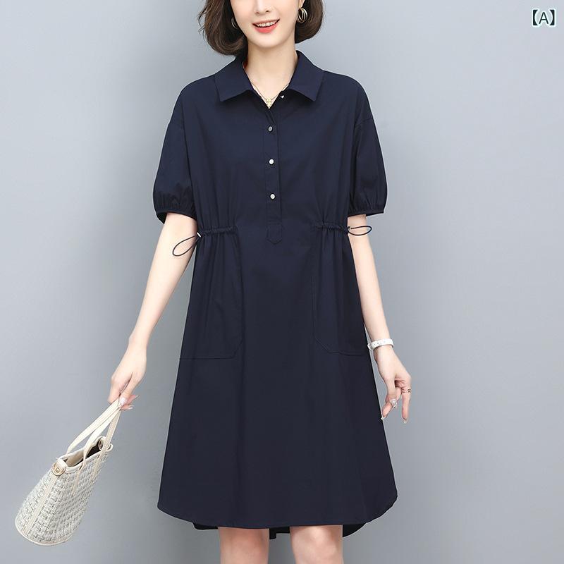 ワンピース レディース ミセス ママ 春夏 カジュアル おしゃれ ゆったり リラックス ストレートシルエット ミディ丈 体型カバー 細見え 綿混 半袖 襟付き ネイビー 普段使い