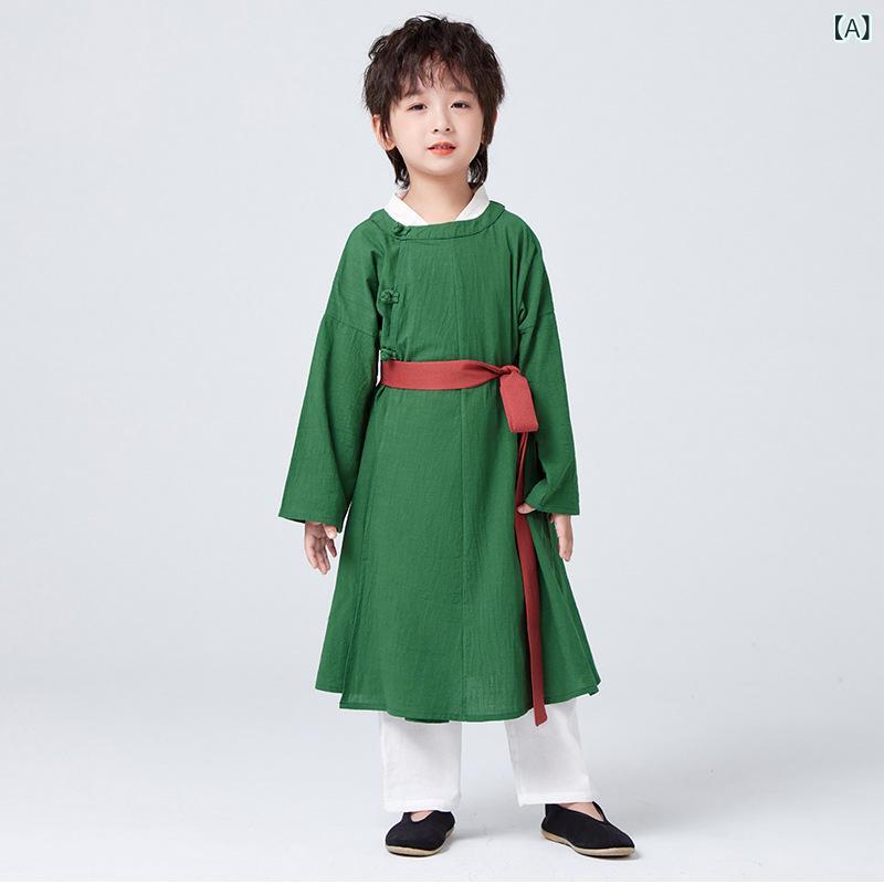 キッズ 漢服 男の子 子供用 円領ローブ ロング丈 唐宋風 中国伝統衣装 秋冬 ラビットファー 綿麻 グリーン 発表会 イベント 衣装 コスプレ 上品 フォーマル
