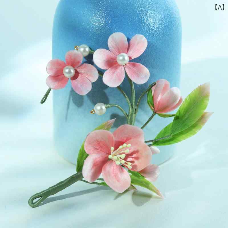 かんざし 女性用 手作り 伝統工芸 繊細 絨花 中国風 新中華風 ピンク 桃の花 フラワーモチーフ 髪飾り ヘアアクセサリー 和装 浴衣