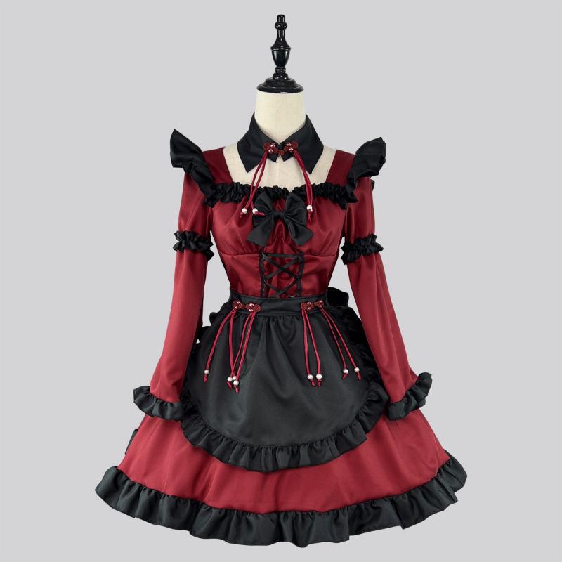 ワンピース レディース 中国風 ゴシック 小悪魔 ロリータ メイド服 メイドコスチューム ドレス アニメ コスプレ衣装 コスチューム ポリエステル ワインレッド 舞台 イベント 撮影