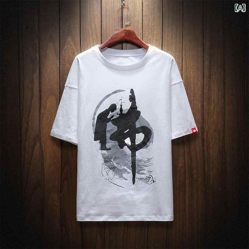 Tシャツ メンズ 半袖 クルーネック スリムフィット 綿 春夏 カジュアル ストリートファッション 普段使い 若者 おしゃれ 個性派 オリエンタルグラフィックプリント ホワイト ブラック