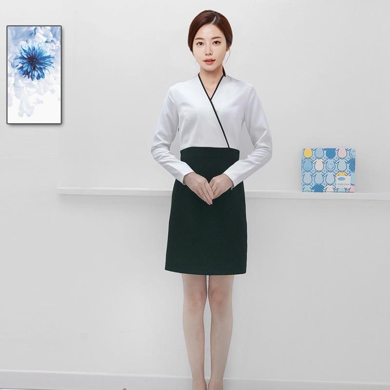 ワンピース レディース 美容師 制服 エステ サロン ユニフォーム スキンケア フットケア リラクゼーション セラピスト 技術者 高級感 上品 長袖 作業着 秋冬