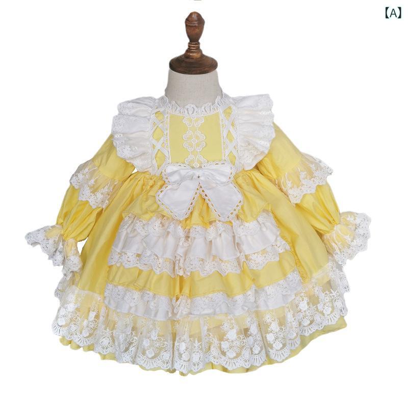 ワンピース 女の子 キッズ ロリータ プリンセス レース ボリューム フレア スペイン風ドレス コットン イエロー 春秋 お呼ばれ 発表会 普段使い