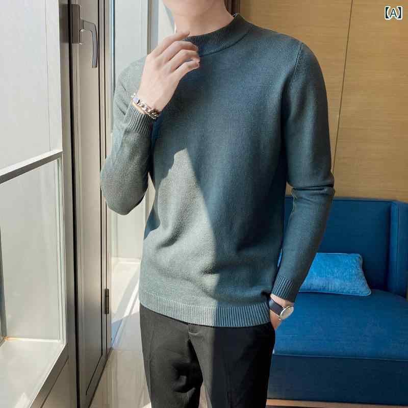 ニット メンズ 男性用 ハイネック セーター 無地 スリムフィット 保温 インナー トップス カットソー ポリエステル混紡 デイリーユース 通気性 洗える カジュアル 秋冬