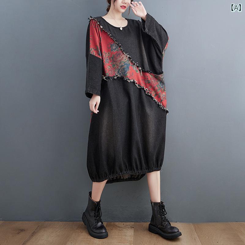 ワンピース レディース 女性用 ゆったり ルーズ オーバーサイズ レトロ ヴィンテージ アート デニム ウォッシュ加工 プリント 配色切り替え パッチワーク 長袖 ミモレ丈 綿 コットン 秋冬