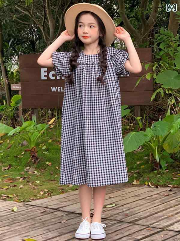 ワンピース キッズ 女の子 綿 コットン チェック柄 プリンセスドレス おしゃれ トレンド 韓国風 半袖 Aライン リゾート サマー