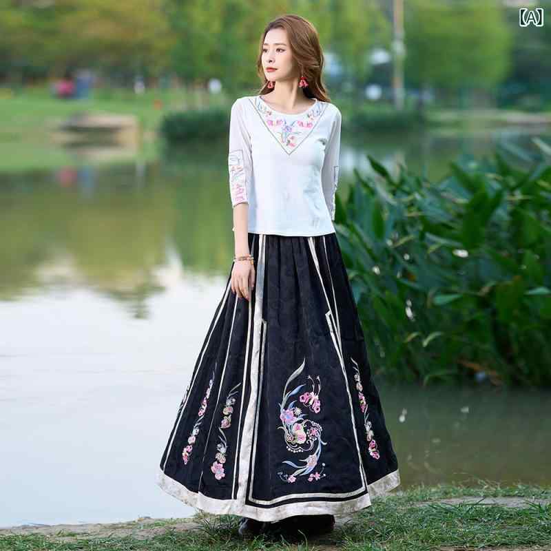 スカート レディース ロング丈 馬面デザイン 中国風 民族調 レトロ エスニック サテン 提花 花柄刺繍 Aライン ストレッチ 黒 体型カバー 上品 エレガント 春夏 普段使い