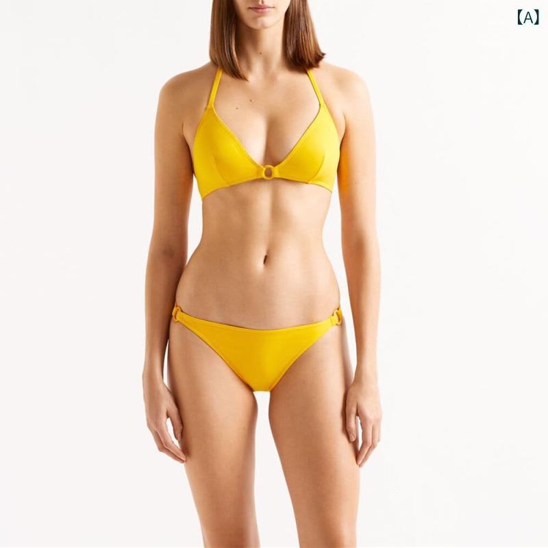 水着 レディース セパレート ビキニ 欧米風 セクシー バックオープン 高伸縮性 調節可能 ナイロン ポリエステル 無地 レモンイエロー ビーチ リゾート サマー 海水浴 プール 旅行 スイムウェア 三角ビキニ