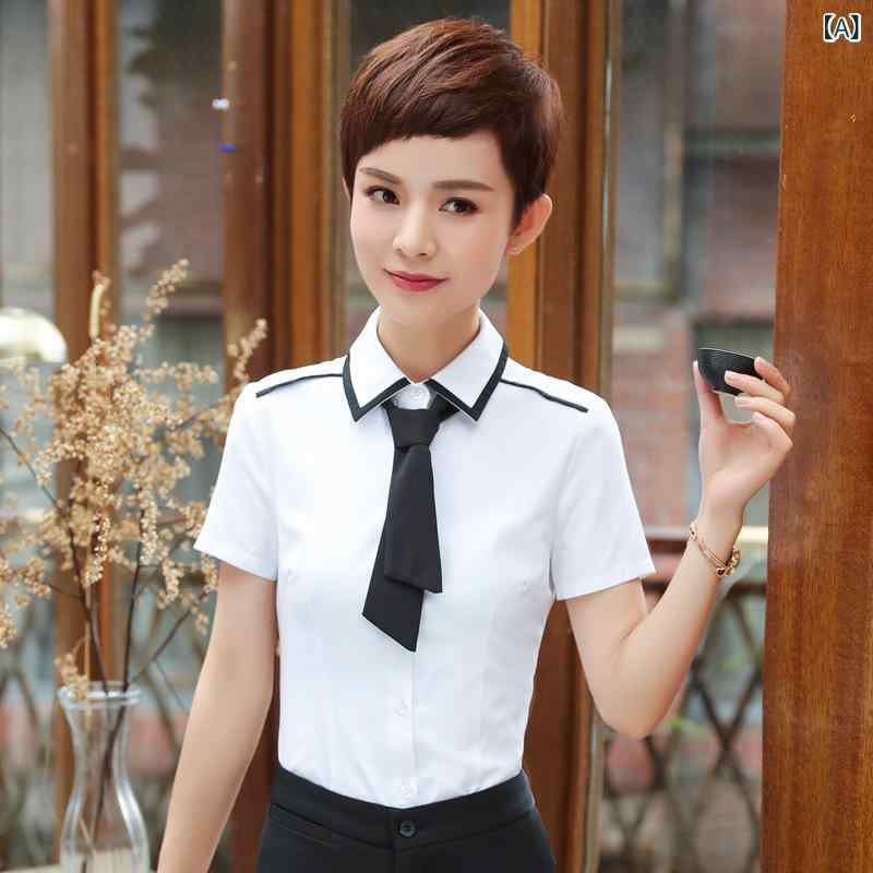 シャツ レディース 半袖 襟付き 韓国ファッション オフィス ビジネス 通勤 制服 事務服 接客 ブラウス 伸縮性 ポリエステル 無地 切り替え スリムフィット ホワイト 春夏