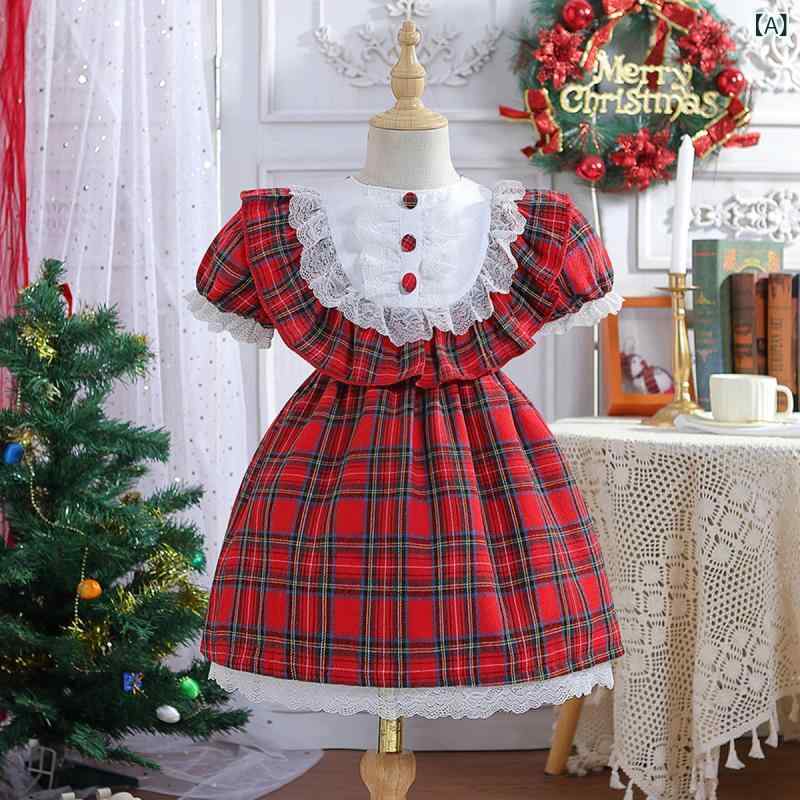 ワンピース 女の子 クリスマス チェック柄 レース プリンセスドレス 半袖 綿混 ポリエステル素材 ベビー キッズ 幼児 園児 発表会 フォーマル かわいい エレガント