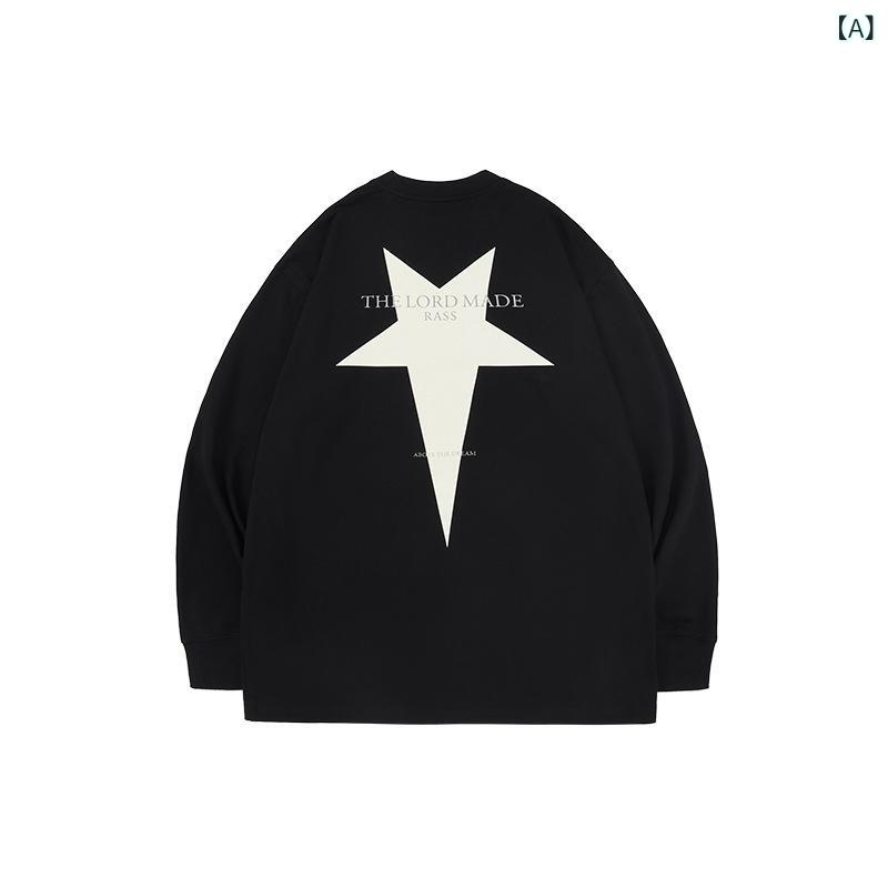 Tシャツ メンズ トップス 男性用 ロングスリーブ 星柄 ドロップショルダー コットン 綿 ビッグシルエット ルーズフィット クルーネック 丸首 カジュアル ストリートファッション 秋冬 ブラック アイボリー ホワイト
