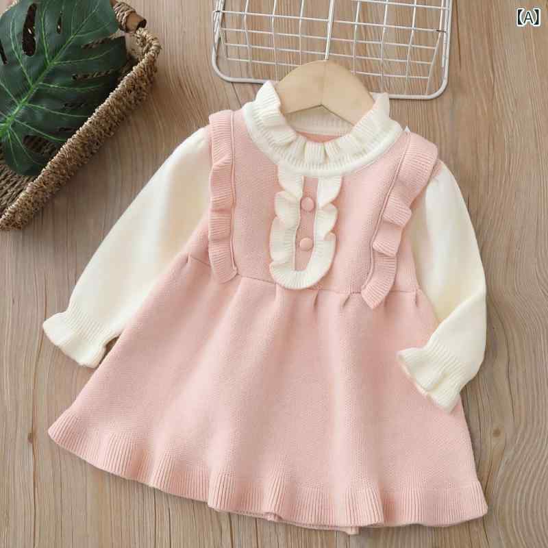 ニットワンピース 女の子 キッズ 女児 秋冬 フリル袖 重ね着風 セーターワンピース アクリル混紡 ラウンドネック 長袖 普段使い お出かけ かわいい