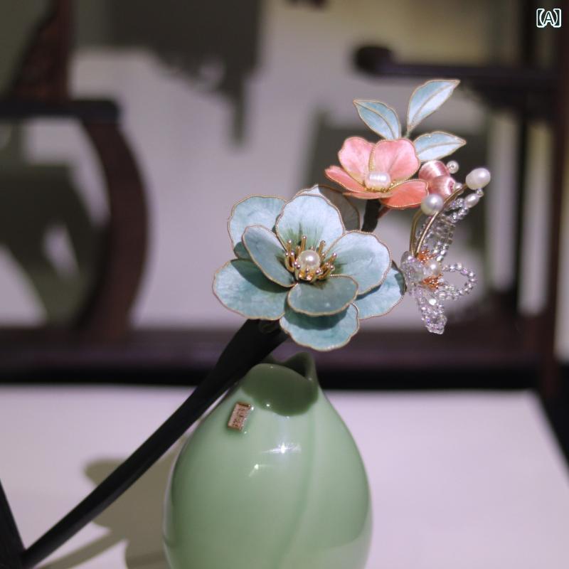 簪 伝統工芸 ベルベット シルク 花モチーフ パール 黒檀 古風 レトロ アンティーク調 髪飾り かんざし ヘアスティック 漢服 チャイナドレス 民族衣装向け イベント パーティー