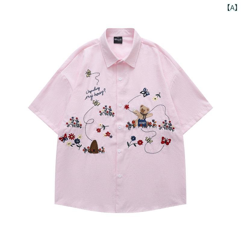シャツ 男女兼用 半袖 アメリカンレトロ かわいい クマ 花柄 刺繍 ルーズフィット ビッグシルエット カジュアル 普段使い ピンク ブルー グリーン 開襟 ポリエステル 春夏