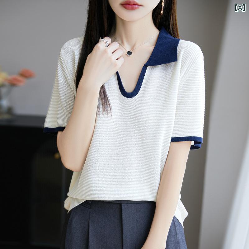 ニットTシャツ レディース 女性用 ポロ襟 半袖 プルオーバー 切り替え ゆったり ルーズ 体型カバー 再生繊維 春夏 大人カジュアル トップス カットソー