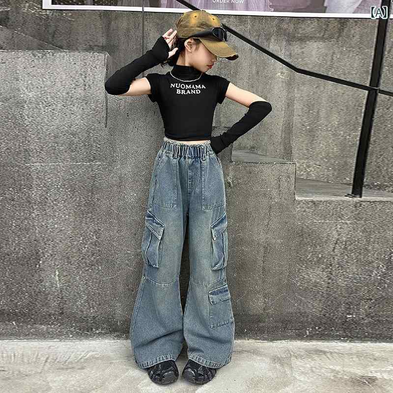 デニムパンツ 女の子 キッズ カーゴ 春秋 アメカジ レトロ ヴィンテージ 多ポケット コットン 柔らかな肌触り ワイドストレート ロングパンツ カジュアル 普段使い お出かけ