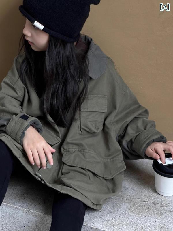 ジャケット 女の子 子供服 キッズ ジュニア 秋冬 厚手 暖かい 防寒 中綿入り 切り替え バイカラー ゆったり カジュアル ミドル丈 襟付き かわいい 通学 普段使い