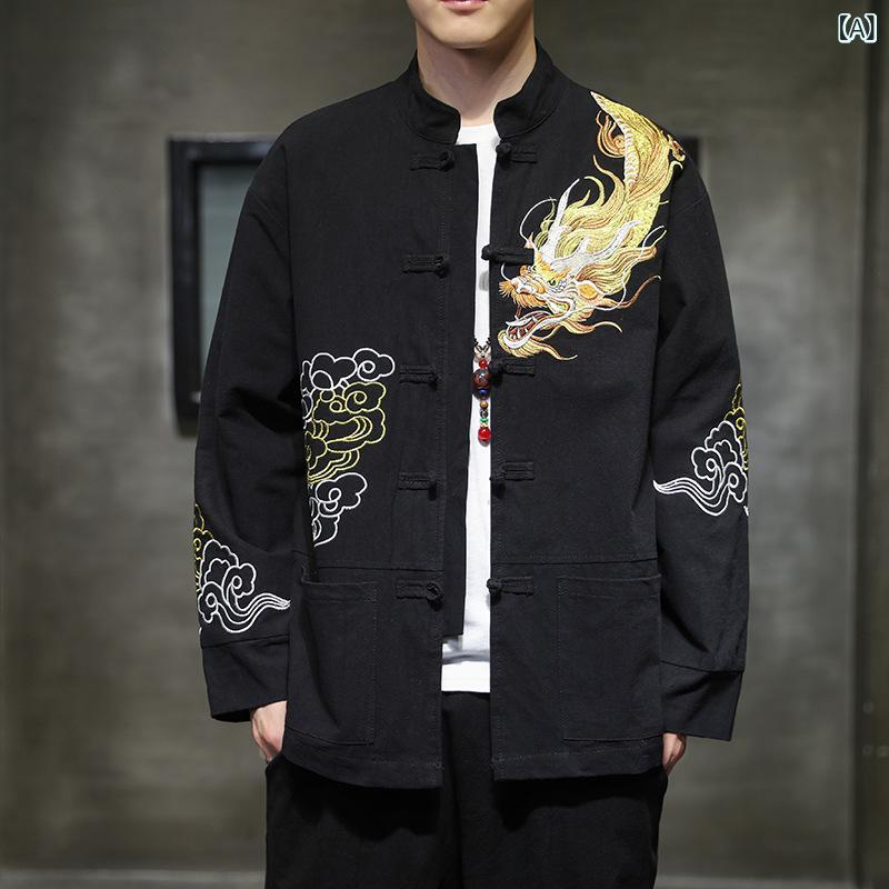 ジャケット メンズ 龍刺繍 チャイナボタン 中国風 唐装 大きいサイズ ビッグシルエット リラックスフィット 重厚感 綿麻 スタンドカラー 長袖 カジュアル 普段使い アウター トップス 春秋