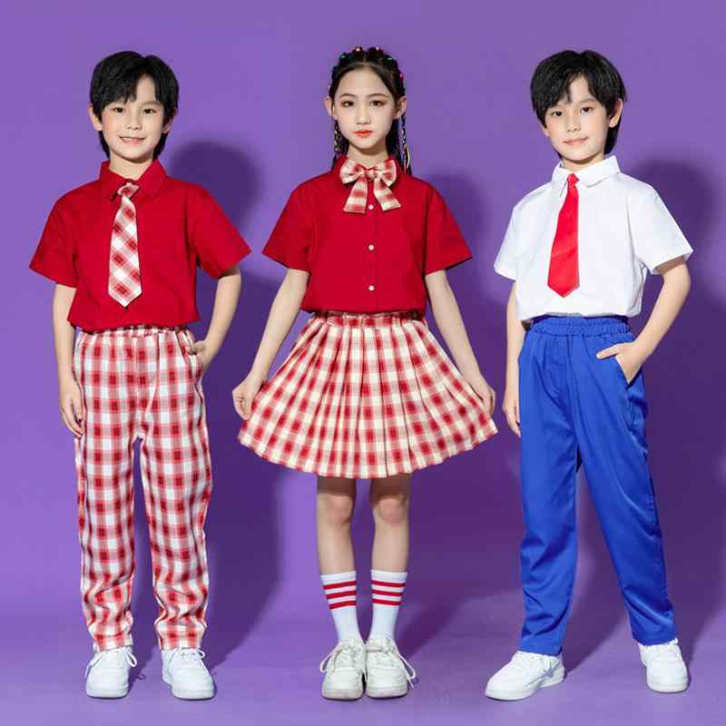 子供服 男女兼用 キッズ ジュニア チアダンス 発表会 応援団 ダンス衣装 ステージパフォーマンス ユニフォーム 半袖シャツ ショートスカート ロングパンツ セットアップ 綿 コットン 夏服