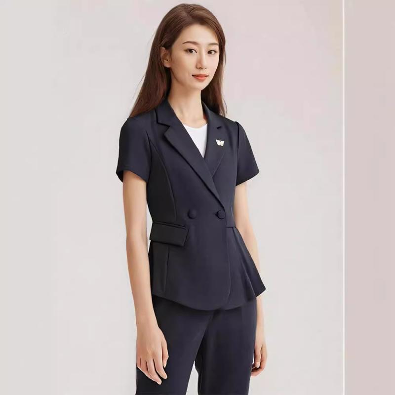 スーツ セットアップ レディース 女性用 春夏 薄手 軽量 半袖 ショート丈 ジャケット パンツ スカート ポリエステル ビジネス オフィス 通勤 OL フォーマル 事務服 美容院 制服 上品 ブラック ネイビー