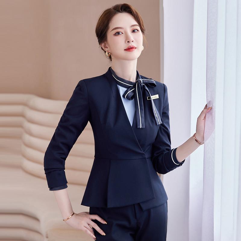 スーツ レディース 美容師 エステ サロン 制服 高級感 ユニフォーム 事務服 オフィス 受付 宝石店 長袖 ジャケット パンツ スカート セットアップ ポリエステル レーヨン ブルー ブラック ワインレッド