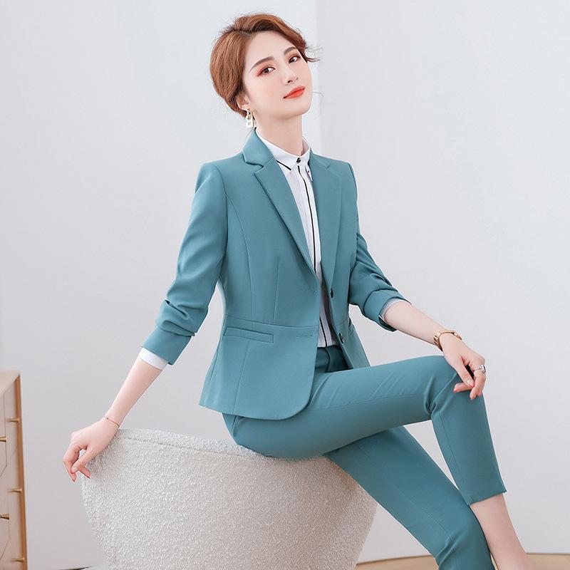 スーツ レディース ビジネス オフィス 通勤 事務服 フォーマル ジャケット パンツスーツ セットアップ 長袖 ストレートパンツ 無地 切り替え ポリエステル レーヨン 保険業 公務員 春夏