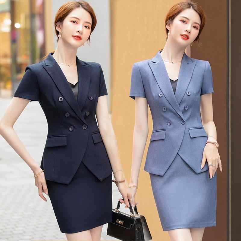 セットアップ レディース 半袖 オフィス ビジネススーツ 高級感 エレガント 接客業 制服 通勤 OLスタイル ポリエステル素材 ポケット付き グレー ブルー ベージュ 春夏