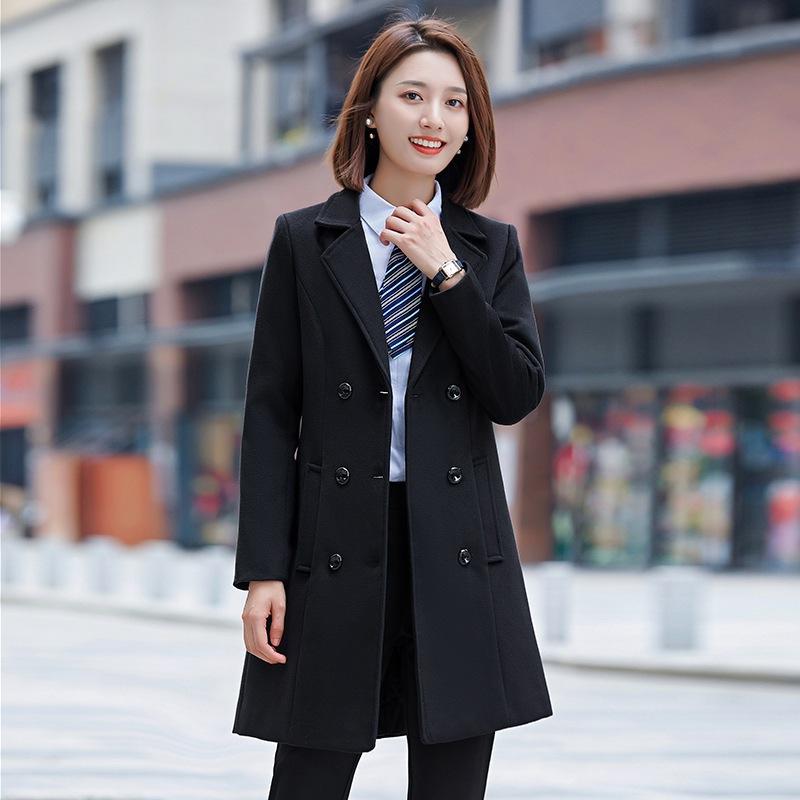コート レディース メルトン ウール 厚手 アウター 秋冬 ロング丈 ストレートシルエット ポリエステル 保温 制服 ユニフォーム 事務服 オフィス ビジネス OL通勤 接客業 ブラック