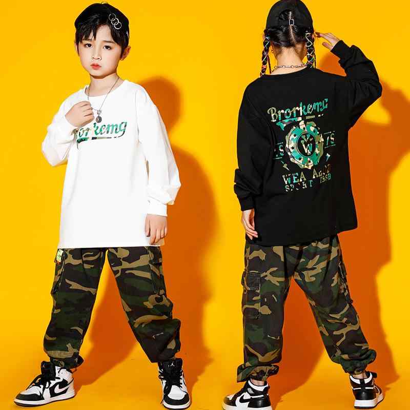 ダンス衣装 キッズ 男の子 女の子 ヒップホップ ストリートダンス 迷彩 セットアップ ゆったり ルーズフィット 発表会 ステージ 練習着 春夏 コットン 綿 白 黒