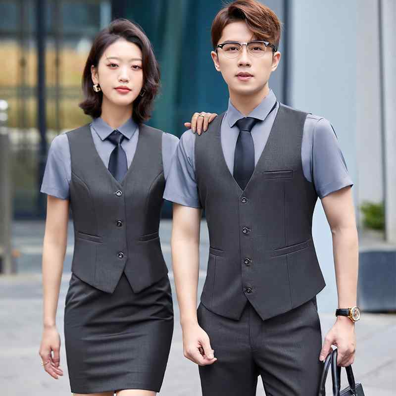 ベスト 男女兼用 ユニセックス ビジネス フォーマル 事務服 オフィス 制服 ホテル レストラン 飲食店 銀行 店舗 サービス業 Vネック シングルボタン スリムフィット ポリエステル 無地 ロゴ刺繍