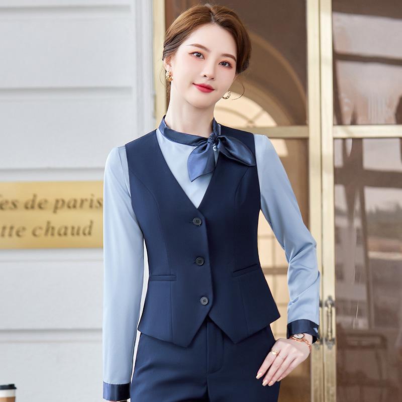 ベスト レディース ジレ オフィス ビジネス 制服 事務服 ホテル フロント 受付 レジ 銀行 通勤用 おしゃれ エレガント 上品 きれいめ ワークベスト ポリエステル レーヨン混 セットアップ 秋冬 ブルー ブラック グレー