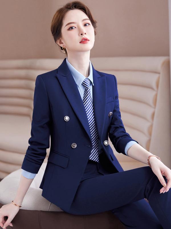 セットアップ レディース 秋冬 ビジネススーツ オフィス 接客 営業 事務服 制服 フォーマル ジャケット パンツ ブルー ポリエステル 綿混 再生繊維