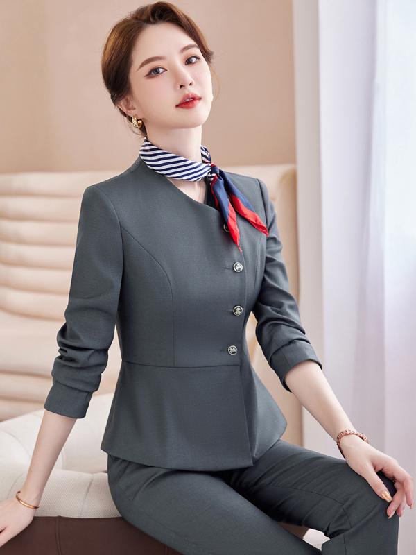 セットアップ レディース 秋 長袖 グレー ポリエステル混 オフィス ビジネス 受付 ジュエリーショップ 美容院 エステ 制服 OL 通勤 スカートスーツ