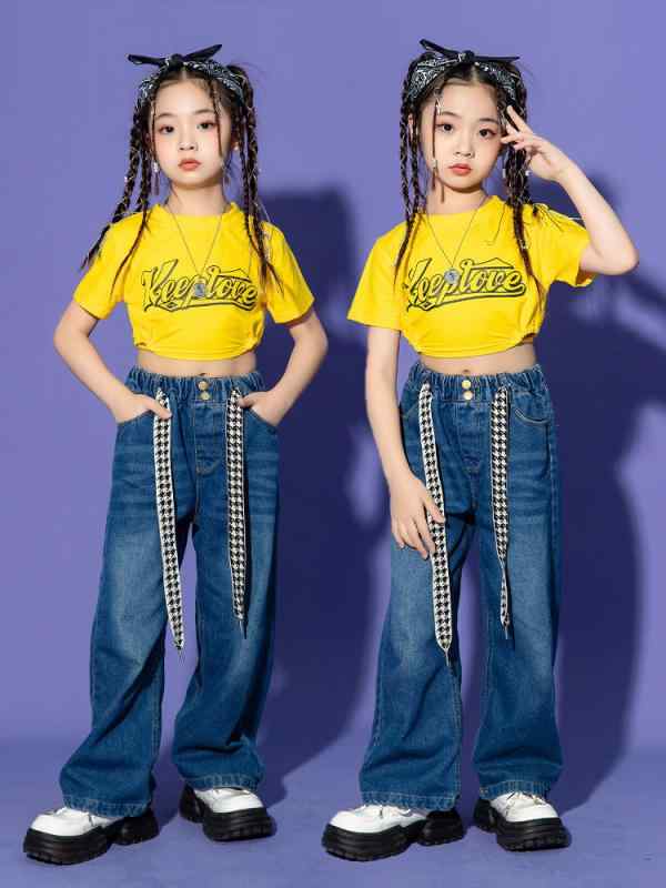 ダンスウェア キッズ 女の子 子供用 ヒップホップ ジャズ ストリート チアリーディング クロップド丈 ショート丈 発表会 演出 レッスン イベント デニム 綿 コットン イエロー セットアップ 春夏
