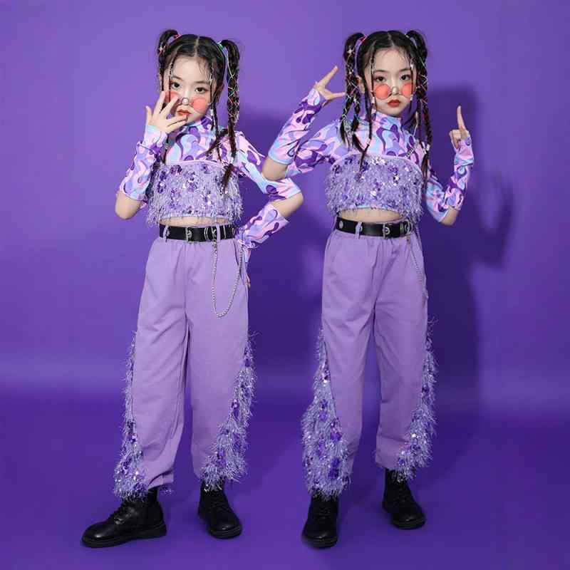 ダンス衣装 キッズ 女の子 ジャズダンス ヒップホップ ガールズグループ ステージ発表会 演出服 スパンコール 三点セット 秋冬 おしゃれ クール パープル ストリート