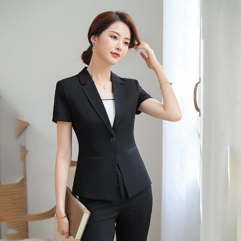 スーツ レディース 半袖 ジャケット スカート セットアップ オフィス ビジネス フォーマル 制服 ホテル 受付 美容師 ユニフォーム 大きいサイズ 春夏 ポリエステル レーヨン ポリウレタン ブラック ロイヤルブルー アプリコット