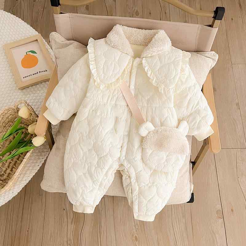 ロンパース カバーオール 新生児 女の子 ベビー 裏起毛 コットン 綿 厚手 暖かい 前開き かわいい プリンセス風 韓国風 お出かけ着 普段使い 秋冬 オレンジ系 アプリコットカラー