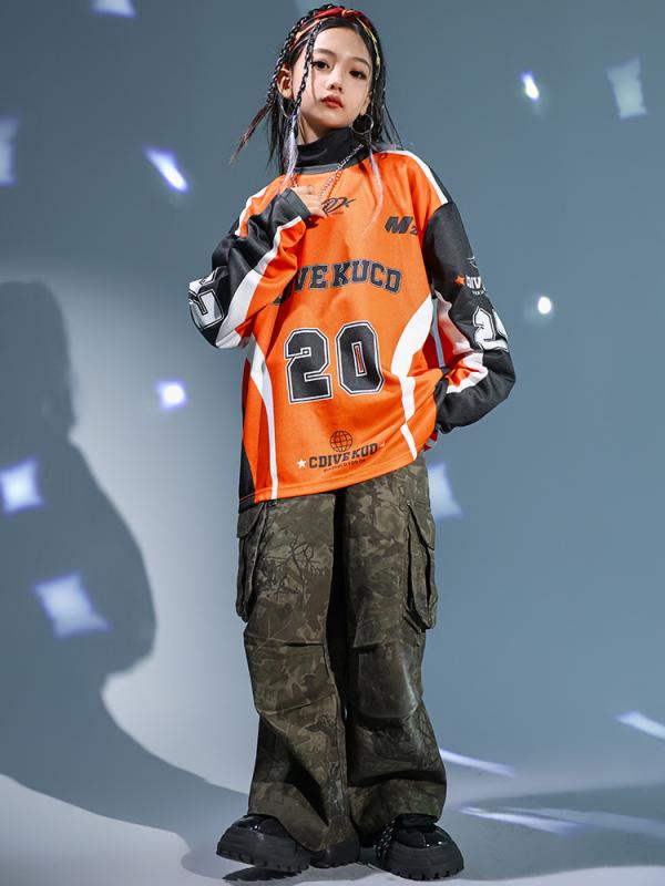 ダンスウェア キッズ ジュニア 男の子 女の子 ストリートダンス ヒップホップ ジャズダンス 発表会衣装 パフォーマンス 練習着 ドラム発表会 セットアップ 綿 肌触り良い プリント 韓国ファッション カジュアル オレンジ ブラック