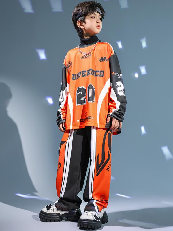 キッズダンス衣装 男女兼用 ヒップホップ ストリート ジャズ ドラム 発表会 ステージ レッスン 練習用 おしゃれ トレンド 韓国風 ソフト加工 コットン セットアップ オレンジ ブラック