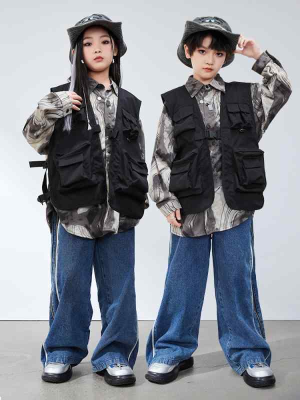 キッズダンスウェア 男の子 女の子 ヒップホップ ストリート 水墨画風 シャツ セットアップ クール かっこいい 発表会 ステージ レッスン 練習着 ポリエステル素材